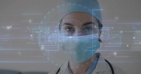 Medical professional closing eyes starting AR health-scan with rotating numeric data ring - Powered by Adobe