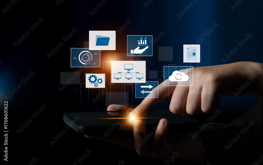 Poster digital business infrastructure with data system, analytics, sync. system management improves access