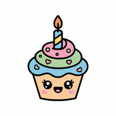 Vector art of a delightful cartoon illustration presents a cute cupcake with a smiling face and a lit candle, , perfect for adding a touch of sweetness to any project