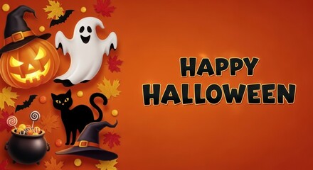 Festive happy halloween background with pumpkin ghost and black cat art