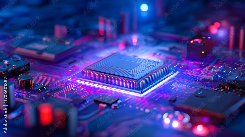 Poster a detailed view of a computer processor positioned on a circuit board. colorful blue and red lights 