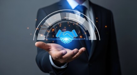 Businessman holding a digital handshake icon representing partnership and agreement in a futuristic interface