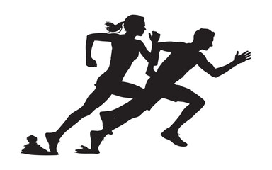 Silhouette of man and woman running in a race competition on white background