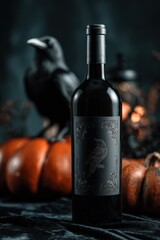 Elegant Halloween Wine Bottle Mockup with Dark Label and Spooky Decor