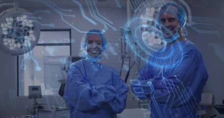 Two surgeons standing under lights, digital interface rising around them emphasizing surgical tech - Powered by Adobe