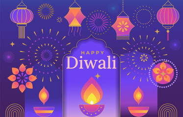 Happy Diwali greeting card, festival banner with symbols of holiday-mandala, candle with fire, lanterns, fireworks. Template design with diya lamp for web, social media, poster. Vector illustration