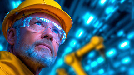 A worker wearing safety gear observes a robotic arm in operation within a modern factory. Bright blue lights illuminate the scene, emphasizing the high-tech environment and the focus