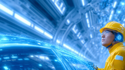 A worker in bright yellow safety gear studies a modern car prototype in a high-tech facility. The atmosphere is filled with glowing blue lights