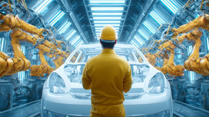 A worker stands in a futuristic factory, watching robotic arms work together to assemble a car. Bright lights illuminate the manufacturing space, highlighting advanced technology