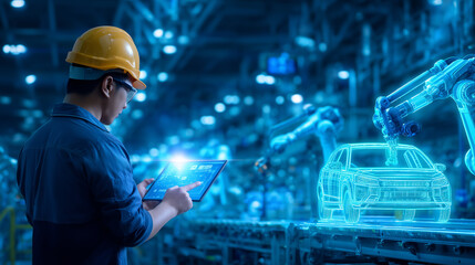 In a high-tech factory, an engineer wearing a safety helmet examines information on a tablet screen while observing robotic arms assembling a car