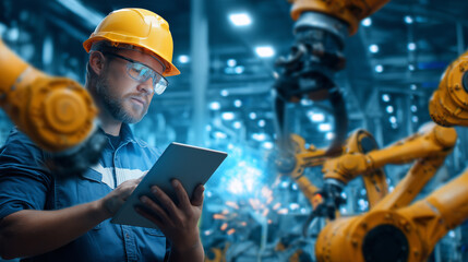 An engineer wearing a hard hat and safety glasses is closely examining data on a tablet while surrounded by advanced robotic arms. The scene captures the modern factory's vibrant atmosphere