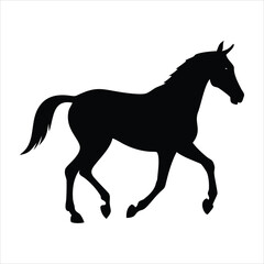 Black silhouette of a horse in motion on a white background