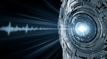 Futuristic tunnel with glowing light and sound wave pattern in dark space