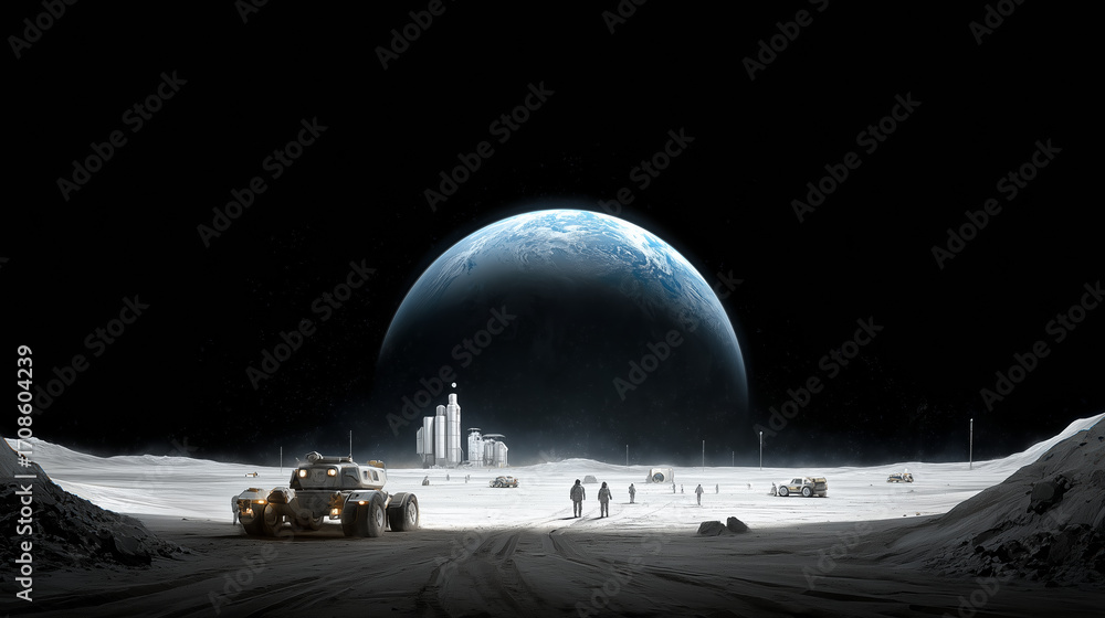 Poster two explorers walk on the moon's surface, surrounded by advanced vehicles and structures against a b
