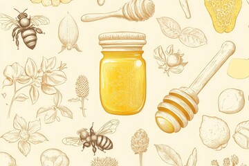 Bee and Honeycomb Outline Illustration Superfood Concept