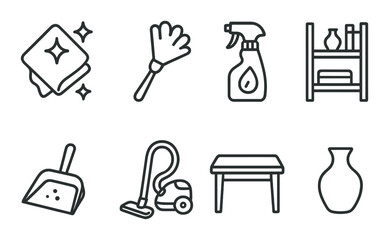 Household cleaning icons: duster, spray bottle, vacuum, dustpan, cloth and more