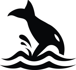 Black silhouette of an orca whale breaching from stylized waves