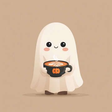 Cute ghost character holding a warm pumpkin latte