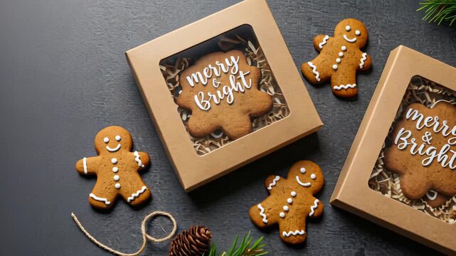 Festive gingerbread arrangement with holiday gift box on rustic background