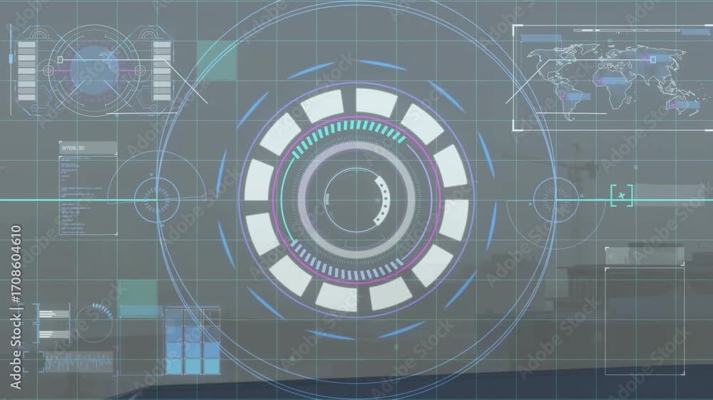 Poster grid backdrop fading starting central interface rotating rings and panels indicating system start