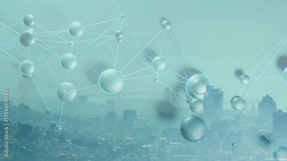 Poster translucent network of nodes drifting from left, panning visualizing connectivity over hazy skyline