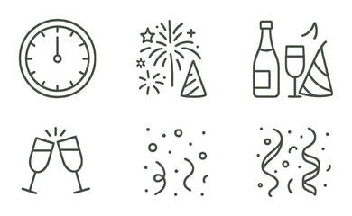 New year celebration icons: clock, fireworks, champagne, toast, confetti, streamers