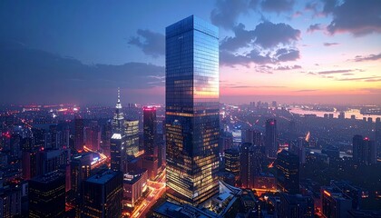 Fototapeta premium Stunning Cityscape at Dusk: A Breathtaking View of Modern Architecture and Urban Lights
