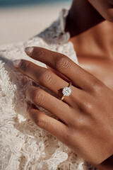 Fashion jewelry detail, diamond ring on woman’s hand
