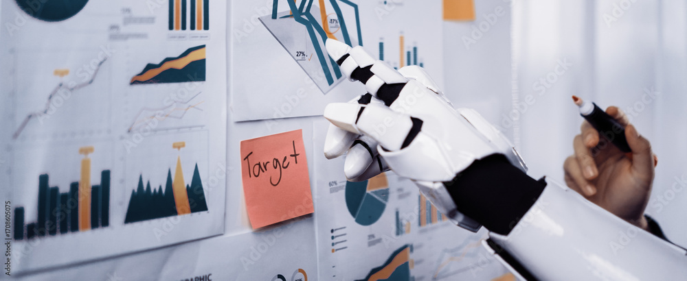 Poster a sleek robot hand points at various business charts and graphs displayed on a wall, emphasizing key