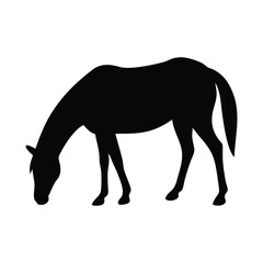 Black silhouette of a horse grazing on a white background