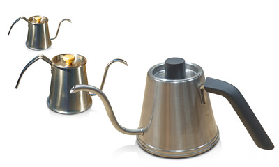 side view three Stainless steel kettle stacked , stainless steel lid and wood and lid black on white floor, on white background, object, decor, fashion, kitchen, copy space