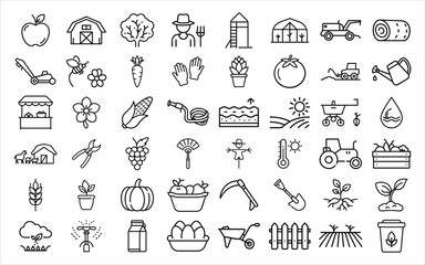 Collection of hand drawn farm and garden icons for agriculture and nature themes