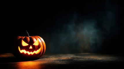Glowing Halloween pumpkin in dark spooky setting
