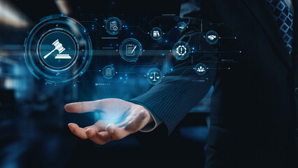 Futuristic digital law interface displaying justice scale, highlighting digital law, AI compliance,...