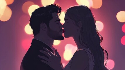 video of man and woman sharing a kiss against a bokeh background, representing love and Valentine's Day	
