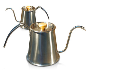 side view two large and small Stainless steel kettle, stainless steel lid and wooden on white floor, on white background, object, decor, fashion, kitchen, copy space