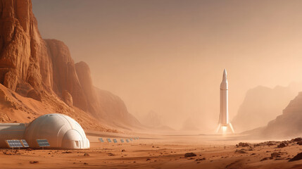 A futuristic scene depicts a white rocket poised for launch against the backdrop of Mars' dusty terrain. An innovative habitat is visible nearby, complete with solar panels
