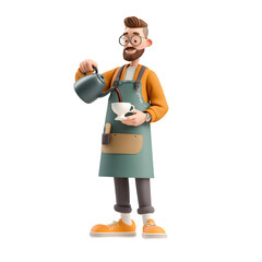 Obraz premium 3D barista pours coffee. Animated figure, smooth surface. For social media, ads, presentations.