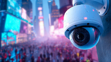 A security camera is positioned in Times Square, capturing the vibrant atmosphere filled with crowds and bright lights in the evening. The urban setting shows people engaged in various activities 