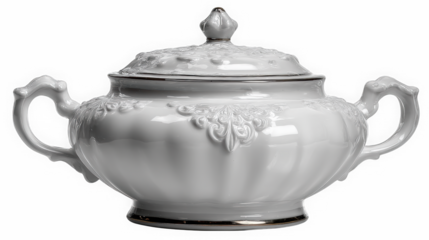 Ornate porcelain soup tureen with lid and handles