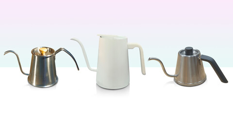 side view two stainless steel kettle and one white electric kettle stack on white floor, gradient color wall background, technology, object, electric , copy space