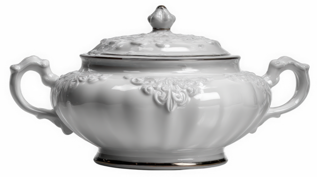 Ornate porcelain soup tureen with lid and handles