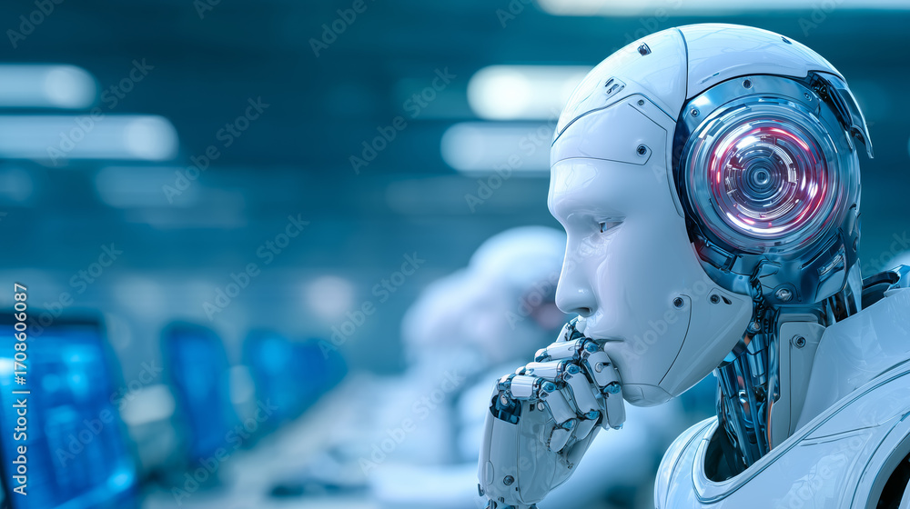 Poster a futuristic robot with a sleek design sits thoughtfully at a desk in a high-tech office. monitors g