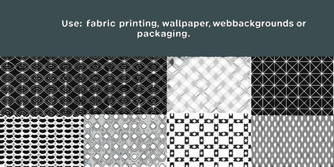Collection of abstract geometric patterns in black white and grey for fabric printing and wallpaper