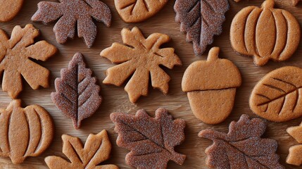 Fototapeta premium Overhead shot of various autumn-themed cookie cutters including leaves, acorns, and pumpkins arranged on a wooden surface, showcasing seasonal baking inspiration