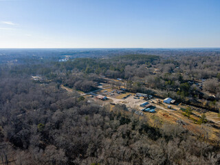 Aerial landscape Madison neighborhood in winter after Hurricane Helene in Morgan County Georgia