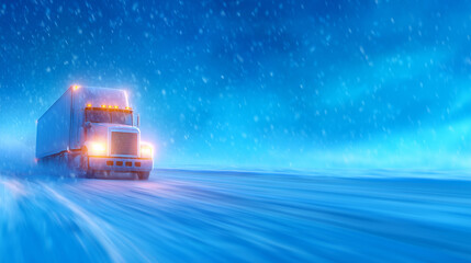 A large truck moves steadily through heavy snowfall during a winter night. The landscape is illuminated by the truck's lights, creating a contrast with the dark, snowy surroundings