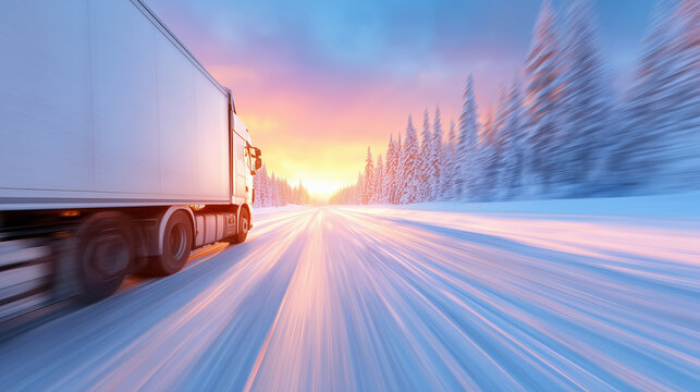 A large truck speeds along a snow-covered road as the sun sets in the background, casting vibrant colors across the sky. The surrounding trees are blanketed in white, creating a serene winter scene