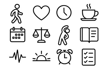Mindful Life Icons. Line style icons of mindful daily life: walking, heart, clock, coffee; calendar, balance scale, stretching
