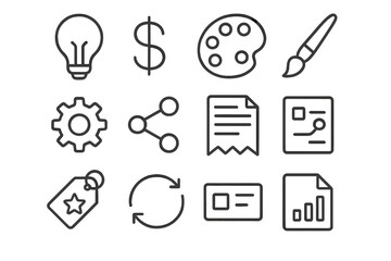 Line Style Icons. Line style icons of idea and commerce: light bulb, dollar sign, palette, paintbrush; gear, share arrow, invoice
